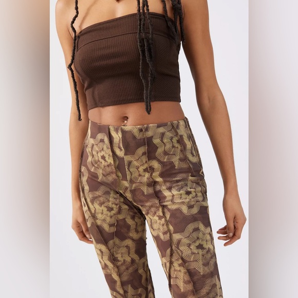 UO Aliza Mesh Overlay Seamed Trouser Pant - Patterned, Brown - Picture 4 of 8